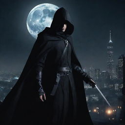 An elusive assassin clad in dark cloaks, hidden in the shadows of a moonlit cityscape, readying his dart weapon