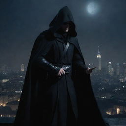 An elusive assassin clad in dark cloaks, hidden in the shadows of a moonlit cityscape, readying his dart weapon