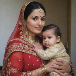 A Pakistani mother adorned in traditional attire, radiating affection and warmth