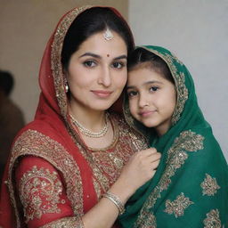 A Pakistani mother adorned in traditional attire, radiating affection and warmth