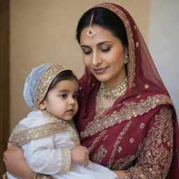 A Pakistani mother adorned in traditional attire, radiating affection and warmth