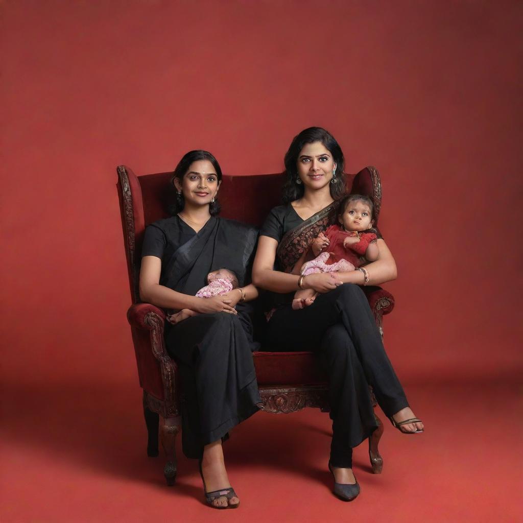 A realistically rendered 3D profile picture of a 28-year-old couple seated relaxedly in wing chairs. The man is in a black shirt and pants. The woman, dressed in a black saree, is holding their 2-year-old daughter wearing a black frock. They are all facing forward against a red backdrop.