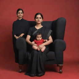 A realistically rendered 3D profile picture of a 28-year-old couple seated relaxedly in wing chairs. The man is in a black shirt and pants. The woman, dressed in a black saree, is holding their 2-year-old daughter wearing a black frock. They are all facing forward against a red backdrop.