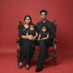 A realistically rendered 3D profile picture of a 28-year-old couple seated relaxedly in wing chairs. The man is in a black shirt and pants. The woman, dressed in a black saree, is holding their 2-year-old daughter wearing a black frock. They are all facing forward against a red backdrop.