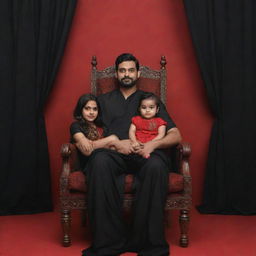 A realistically rendered 3D profile picture of a 28-year-old couple seated relaxedly in wing chairs. The man is in a black shirt and pants. The woman, dressed in a black saree, is holding their 2-year-old daughter wearing a black frock. They are all facing forward against a red backdrop.