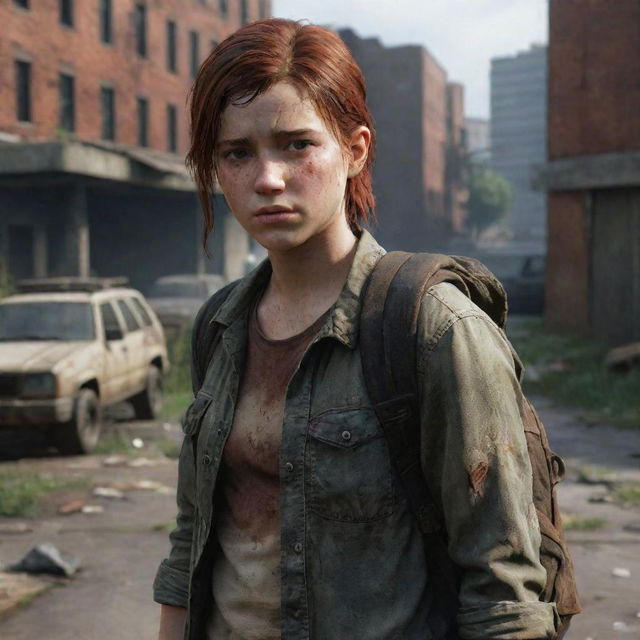 Ellie, a strong and resilient teenage girl from the video game 'The Last of Us', with her signature red hair and tattered clothes, standing in a post-apocalyptic cityscape.