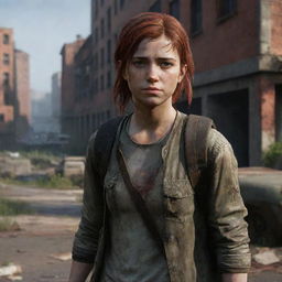 Ellie, a strong and resilient teenage girl from the video game 'The Last of Us', with her signature red hair and tattered clothes, standing in a post-apocalyptic cityscape.