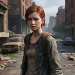 Ellie, a strong and resilient teenage girl from the video game 'The Last of Us', with her signature red hair and tattered clothes, standing in a post-apocalyptic cityscape.