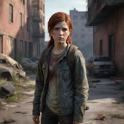 Ellie, a strong and resilient teenage girl from the video game 'The Last of Us', with her signature red hair and tattered clothes, standing in a post-apocalyptic cityscape.