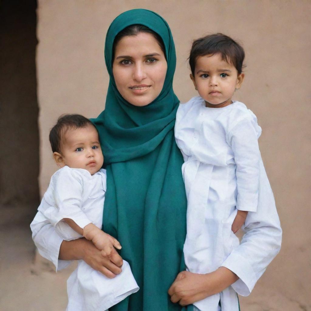 A Pakistani woman exemplifying simplicity, dedicated in her roles as a mother, a wife, and a worker, dressed in modest attire that is not a bridal dress.