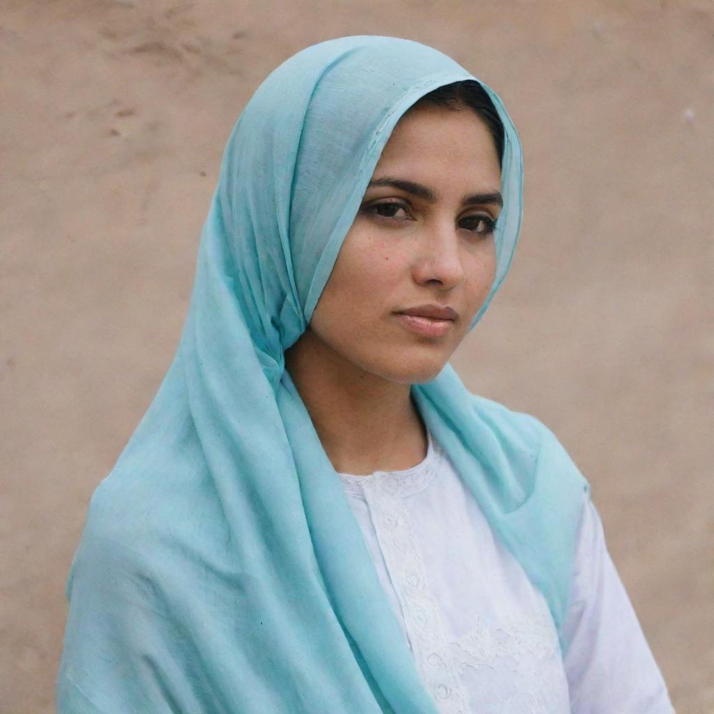 A Pakistani woman exemplifying simplicity, dedicated in her roles as a mother, a wife, and a worker, dressed in modest attire that is not a bridal dress.