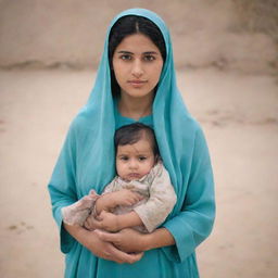 A Pakistani woman exemplifying simplicity, dedicated in her roles as a mother, a wife, and a worker, dressed in modest attire that is not a bridal dress.