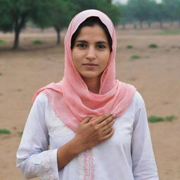 A Pakistani woman exemplifying simplicity, dedicated in her roles as a mother, a wife, and a worker, dressed in modest attire that is not a bridal dress.