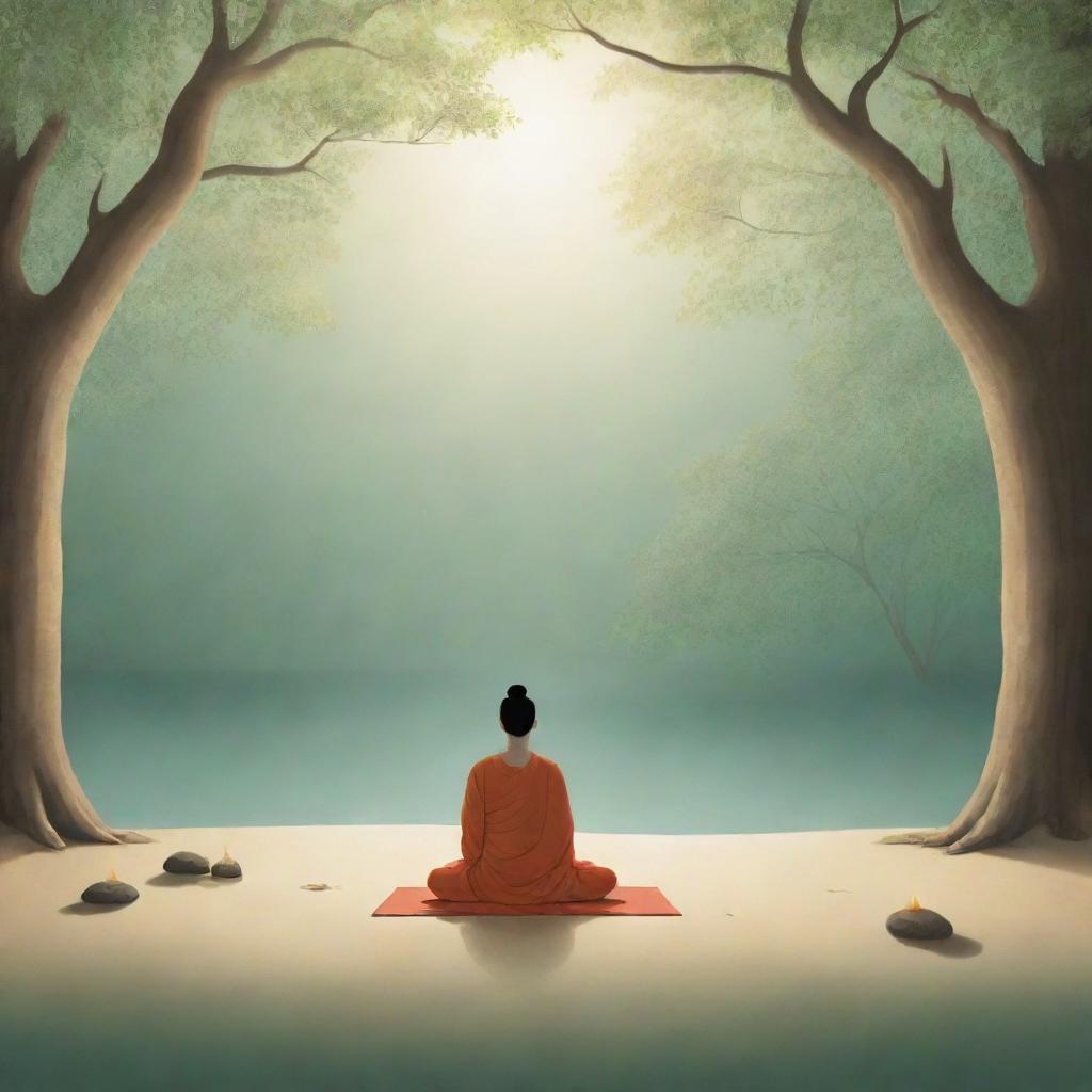 Illustration of a tranquil scene depicting the 4th Jhana (stage of meditation) in Buddhist practice, filled with a sense of pure, mindful equanimity and objective awareness.