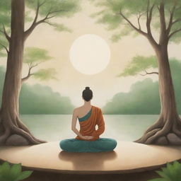 Illustration of a tranquil scene depicting the 4th Jhana (stage of meditation) in Buddhist practice, filled with a sense of pure, mindful equanimity and objective awareness.