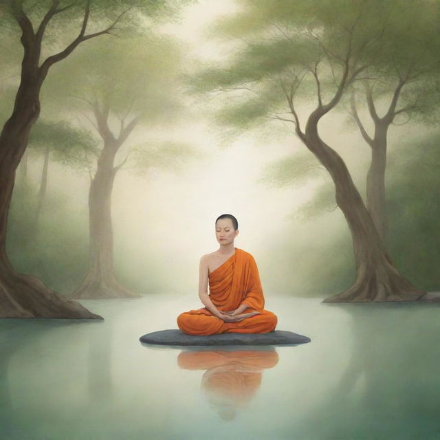 Illustration of a tranquil scene depicting the 4th Jhana (stage of meditation) in Buddhist practice, filled with a sense of pure, mindful equanimity and objective awareness.