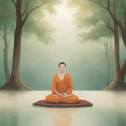 Illustration of a tranquil scene depicting the 4th Jhana (stage of meditation) in Buddhist practice, filled with a sense of pure, mindful equanimity and objective awareness.