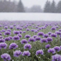 A stunning field filled with vibrant purple flowers against a backdrop of gentle snowfall.