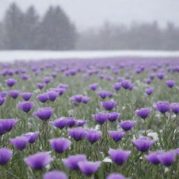 A stunning field filled with vibrant purple flowers against a backdrop of gentle snowfall.