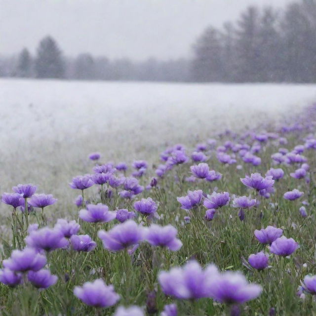 A stunning field filled with vibrant purple flowers against a backdrop of gentle snowfall.