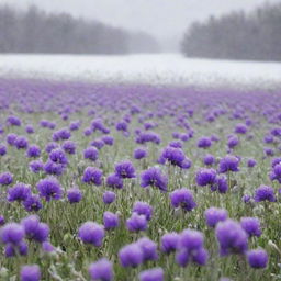 A stunning field filled with vibrant purple flowers against a backdrop of gentle snowfall.