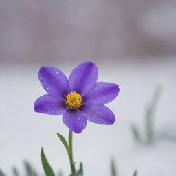 A single, vibrant purple flower amidst a gentle snowfall, standing resilient and beautiful against the wintery backdrop.