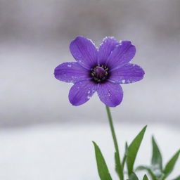 A single, vibrant purple flower amidst a gentle snowfall, standing resilient and beautiful against the wintery backdrop.