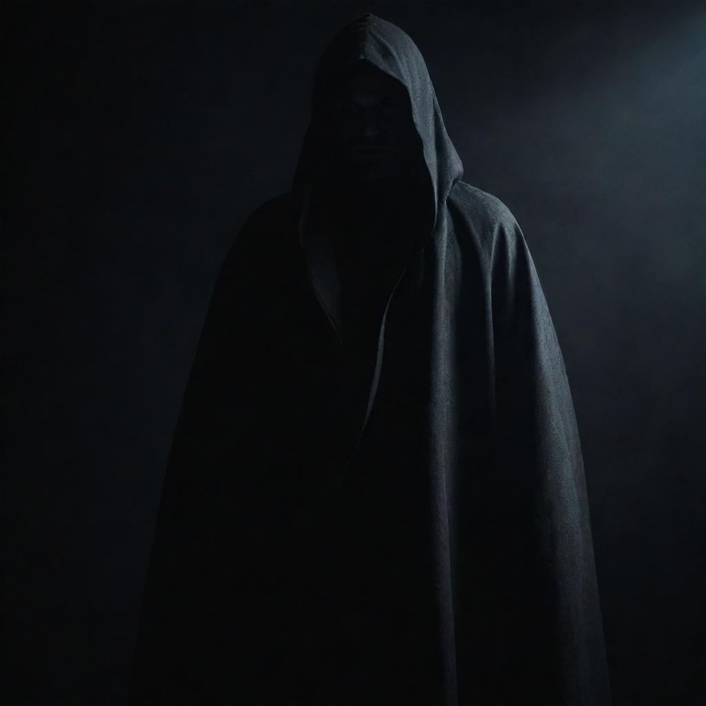 A mysterious unidentified man wearing a cloak that conceals his identity, standing in dramatic lighting