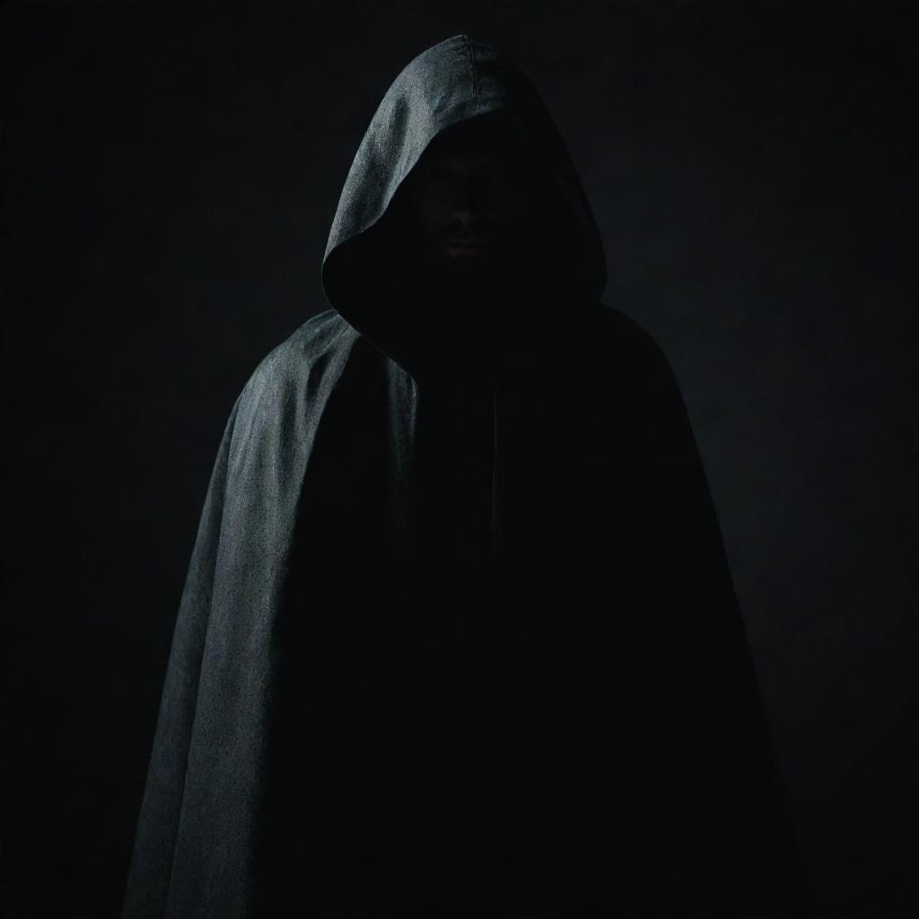 A mysterious unidentified man wearing a cloak that conceals his identity, standing in dramatic lighting