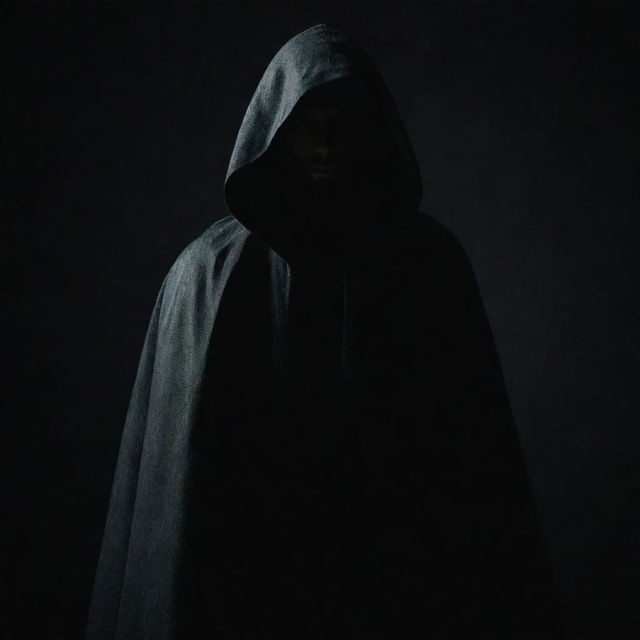 A mysterious unidentified man wearing a cloak that conceals his identity, standing in dramatic lighting