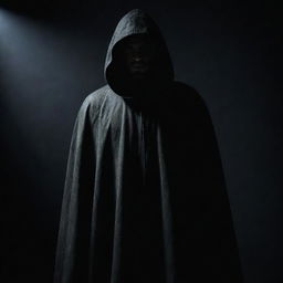 A mysterious unidentified man wearing a cloak that conceals his identity, standing in dramatic lighting