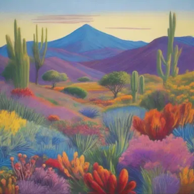 The painting depicts a beautiful landscape with vibrant colors, featuring various endemic plants in the foreground.