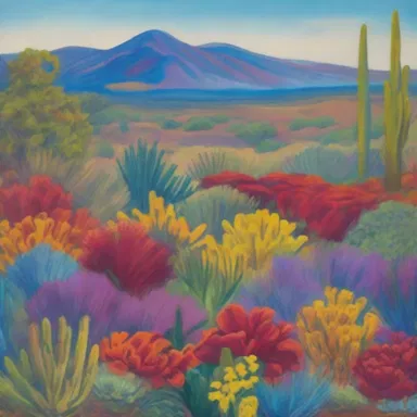 The painting depicts a beautiful landscape with vibrant colors, featuring various endemic plants in the foreground.