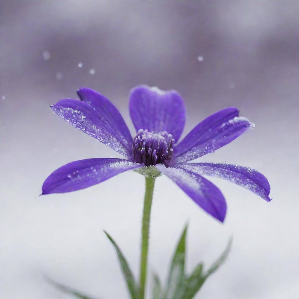 A vibrant purple flower in the midst of a snowfall, with delicate snowflakes gently descending around it, creating a serene and beautiful winter scene.