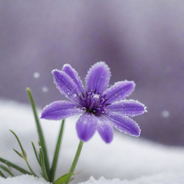 A vibrant purple flower in the midst of a snowfall, with delicate snowflakes gently descending around it, creating a serene and beautiful winter scene.