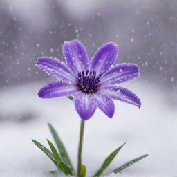 A vibrant purple flower in the midst of a snowfall, with delicate snowflakes gently descending around it, creating a serene and beautiful winter scene.