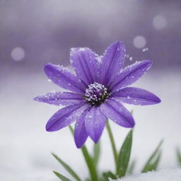 A vibrant purple flower in the midst of a snowfall, with delicate snowflakes gently descending around it, creating a serene and beautiful winter scene.