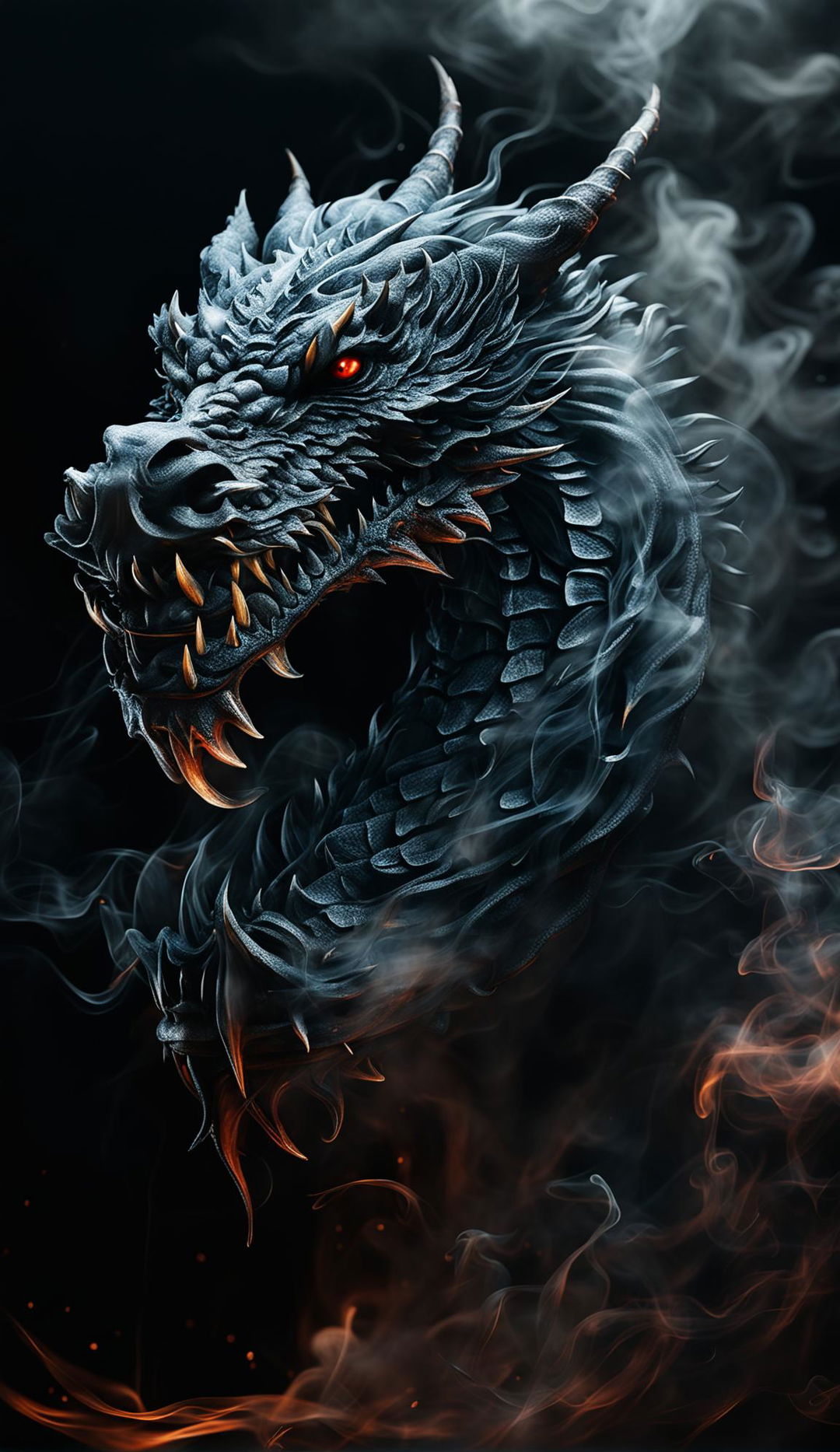 A hyper-realistic 4K image of a dragon formed from dark, dense smoke, rendered with Redshift for photorealism. The fine art digital photography captures the moody contrast between the smoke dragon and the dark background in high dynamic range (HDR), creating a mystical atmosphere.