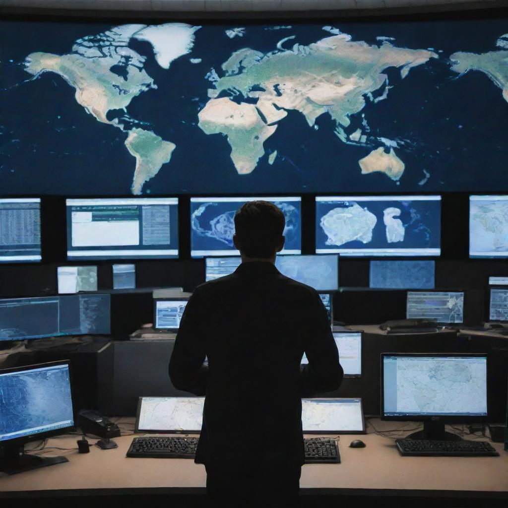 A man standing in a command center filled with computers and maps, controlling the world anonymously, with the Earth visible in the background.