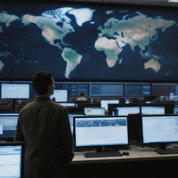 A man standing in a command center filled with computers and maps, controlling the world anonymously, with the Earth visible in the background.