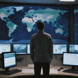 A man standing in a command center filled with computers and maps, controlling the world anonymously, with the Earth visible in the background.