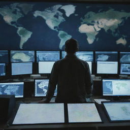 A man standing in a command center filled with computers and maps, controlling the world anonymously, with the Earth visible in the background.