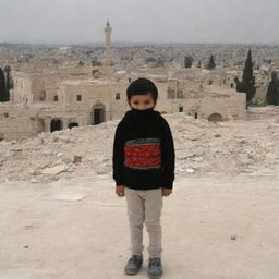 The Al-Aqsa Mosque in the background with crumbling houses in the foreground, and a wounded child present.