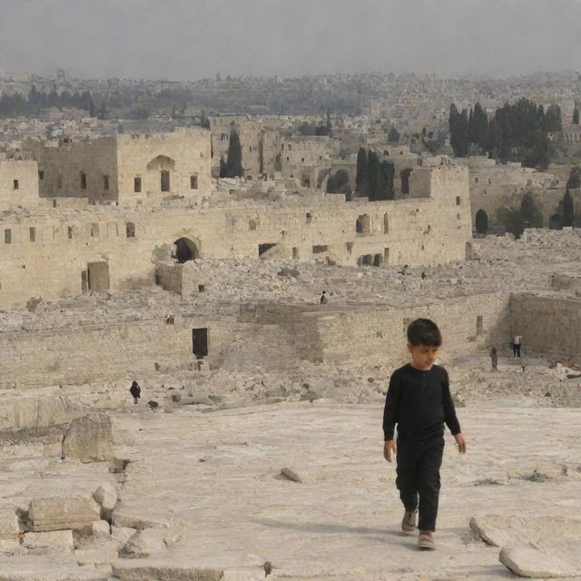 The Al-Aqsa Mosque in the background with crumbling houses in the foreground, and a wounded child present.