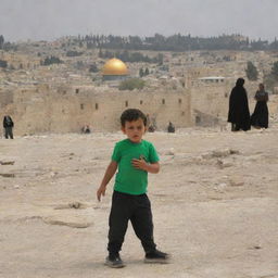 The Al-Aqsa Mosque in the background with crumbling houses in the foreground, and a wounded child present.