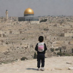 The Al-Aqsa Mosque in the background with crumbling houses in the foreground, and a wounded child present.