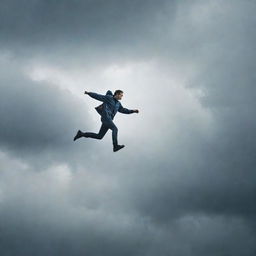 A man soaring athletically through a turbulent, rain-filled sky