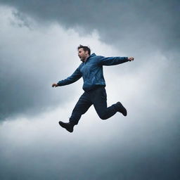 A man soaring athletically through a turbulent, rain-filled sky