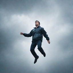 A man soaring athletically through a turbulent, rain-filled sky