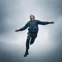 A man soaring athletically through a turbulent, rain-filled sky